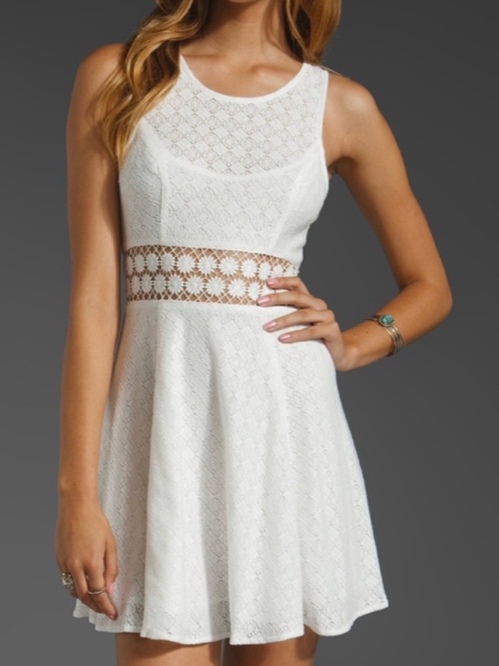 Free People White Lace Fit & Flare Dress with Crochet Waist